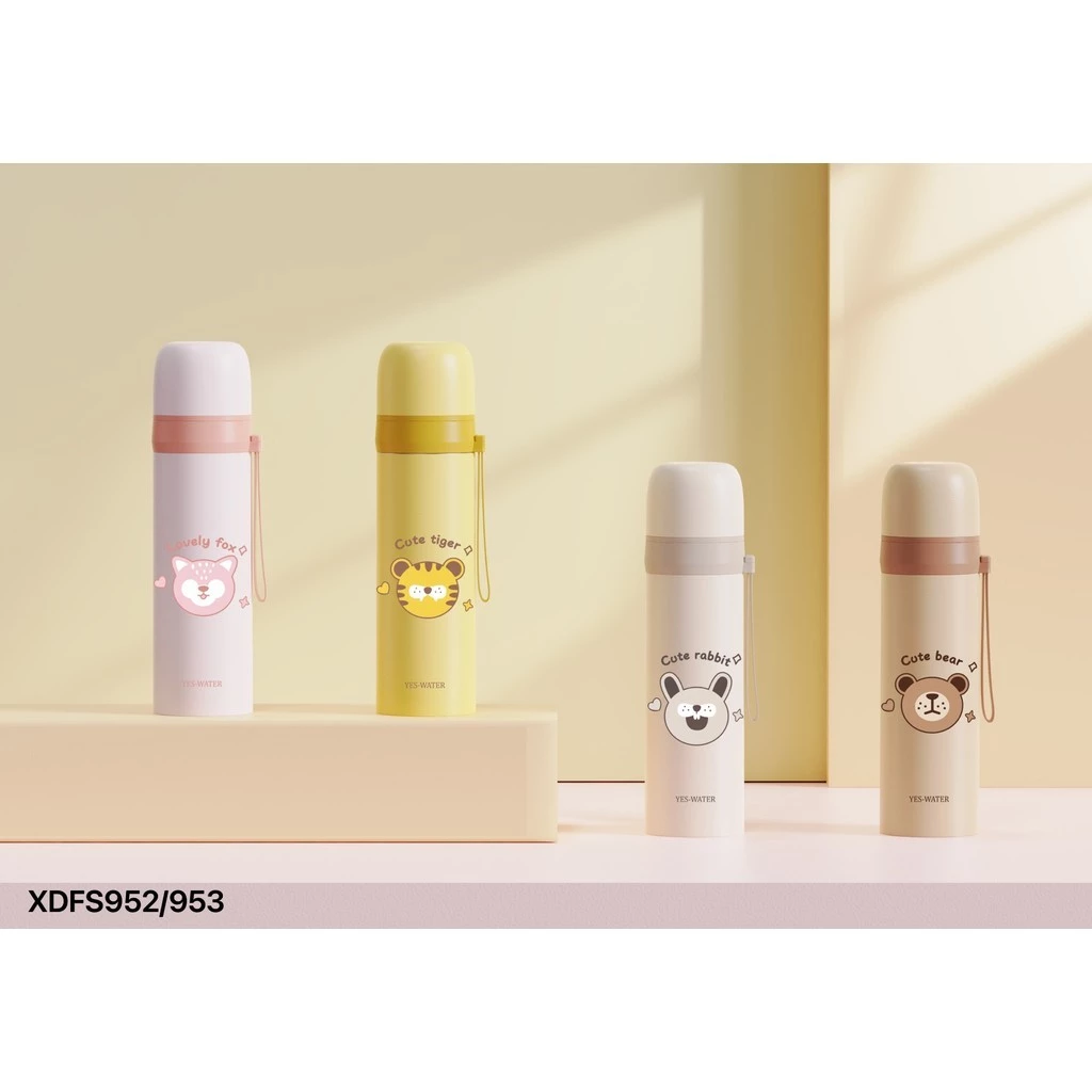 Garrafa Térmica de 480 ml em Aço Inox 304 Com Estampa de Bichinhos e Alça De Silicone